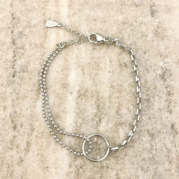 925 Sterling Silver Dainty Circle Bracelet Minimalist Asymmetric Chain Bracelet - Picture 2 of 4